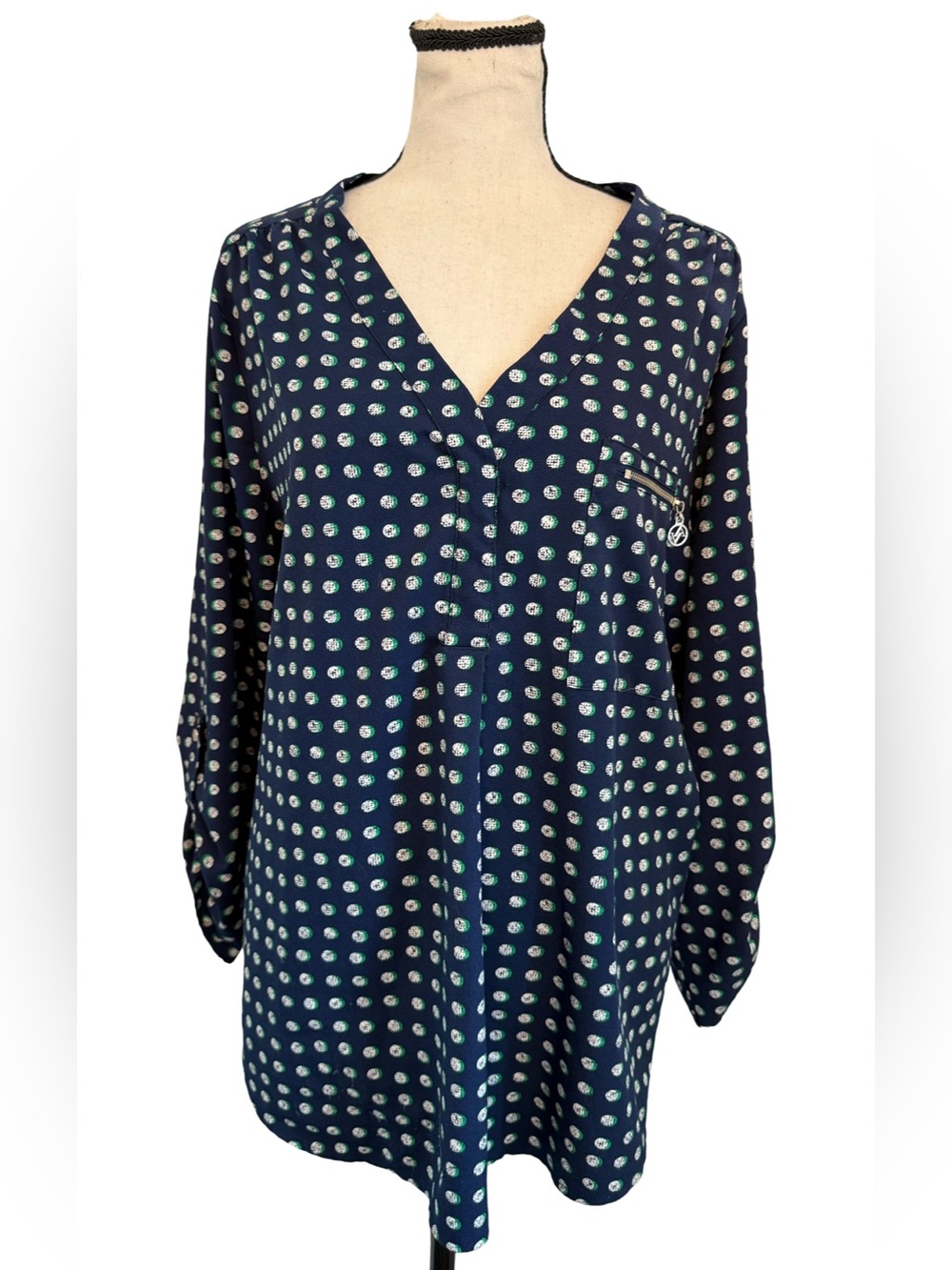 Adrienne Vittadini XL Navy Green Polka Dot Blouse Tunic Zip Pocket Top